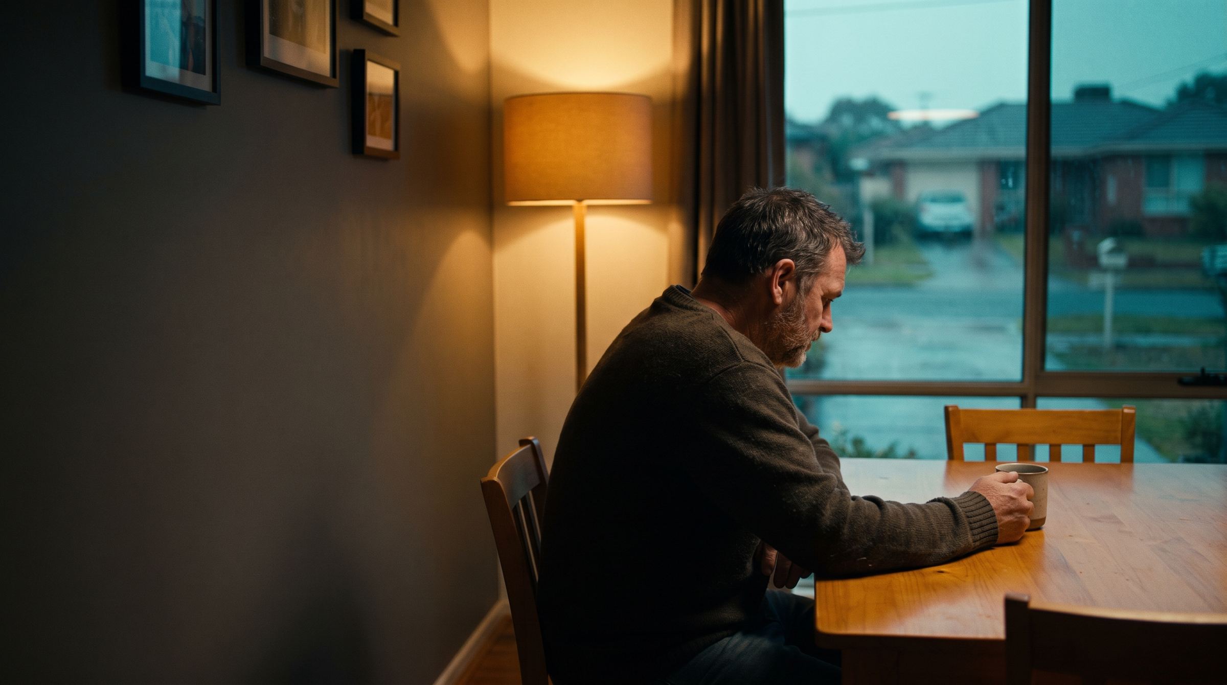 A tired man sitting alone at his dining table in the evening.