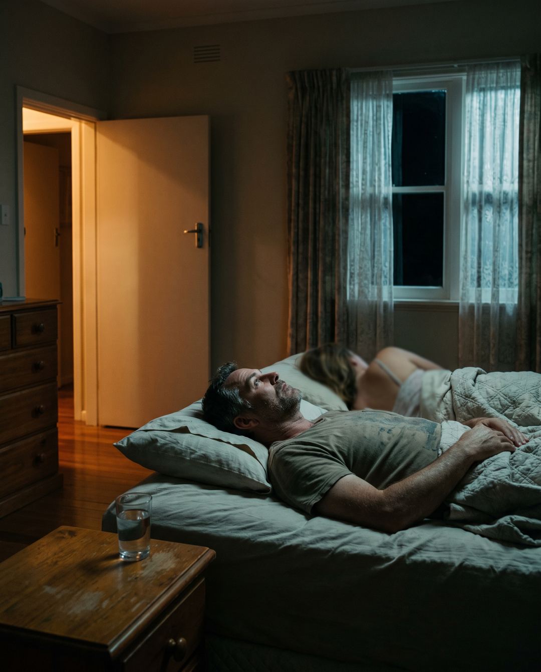A man lying awake in bed at night, his partner asleep beside him.