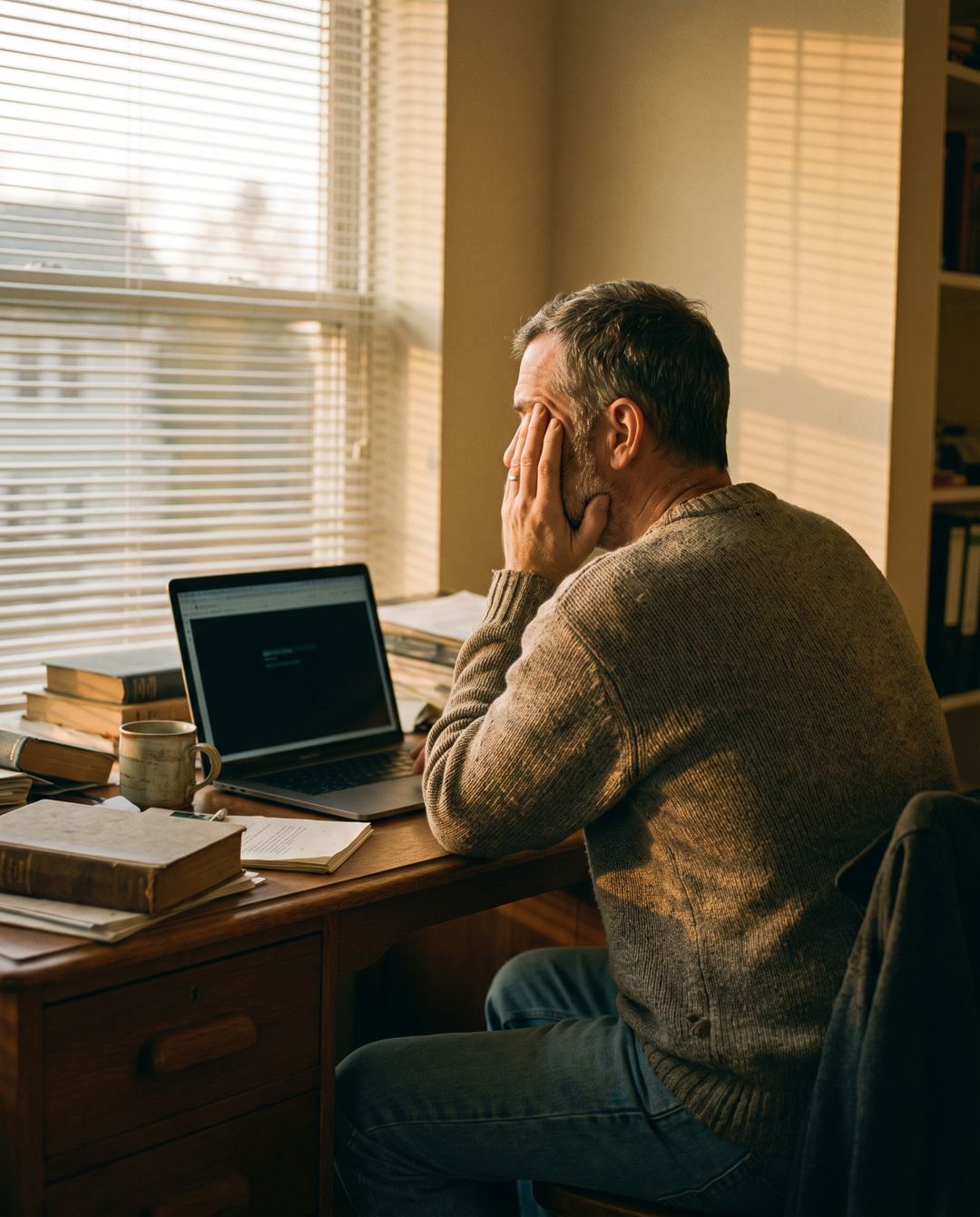 A man at his desk with his hand pressed to his temple, staring past his laptop.