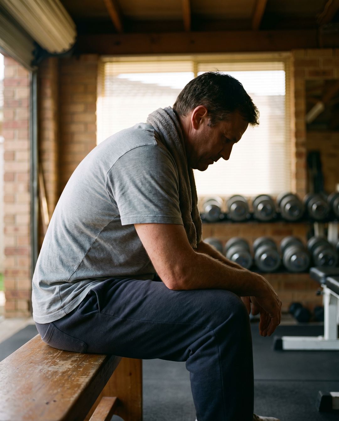 A man sitting on a gym bench after training, towel around his neck, head down.