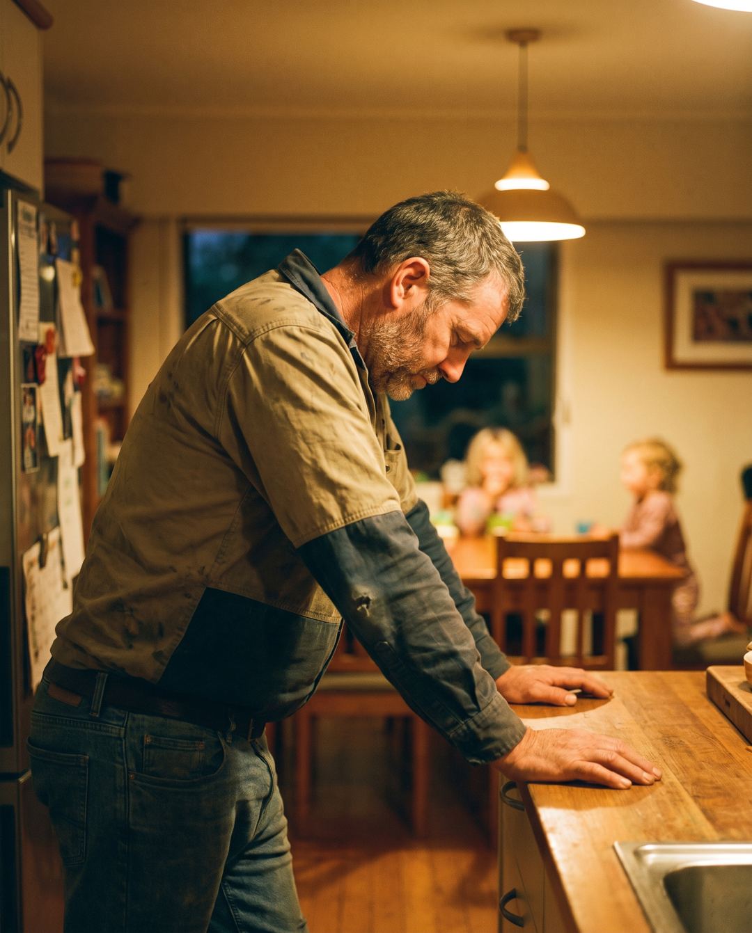 A man leaning on the kitchen bench, head down, his children at the table behind him.
