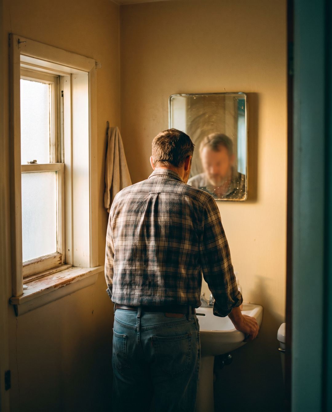 A man leaning on a bathroom basin at dawn, head lowered.