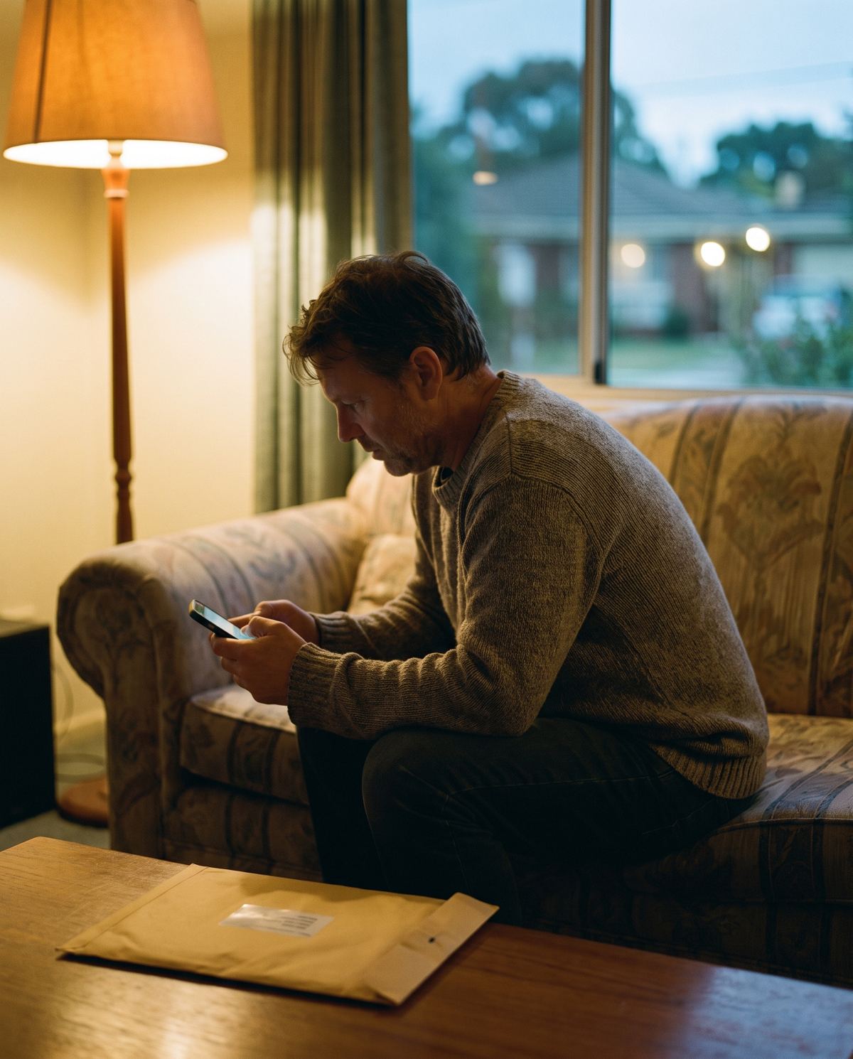 A man on his couch reading a message on his phone, a results envelope on the table.